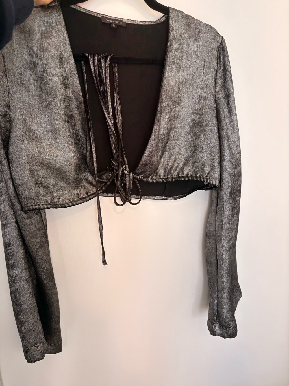 Dynamite Metallic Silver Tie-Front Long Sleeve Crop Top